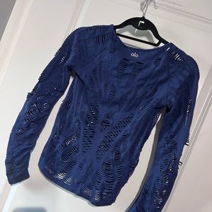 ALO distressed beach, yoga, sexy shirt.  Rich navy color